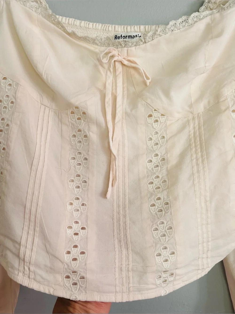 Reformation Isadora Top Ivory Eyelet Lace Smocked Cottagecore Blouse Size 6